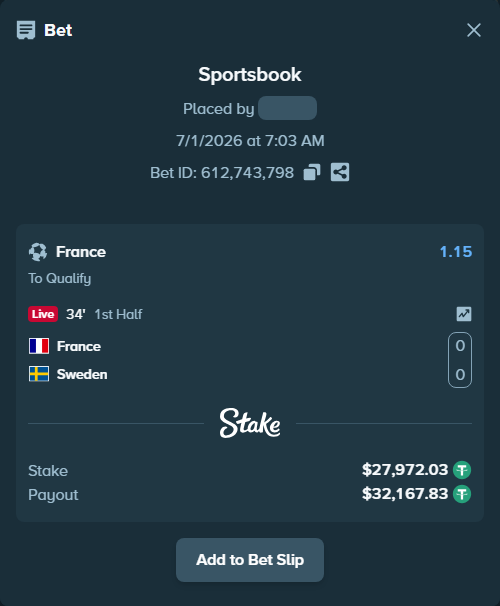 Bet slip: France - Sweden, $28,000.00 stake at 1.15 odds, placed by simpan1337