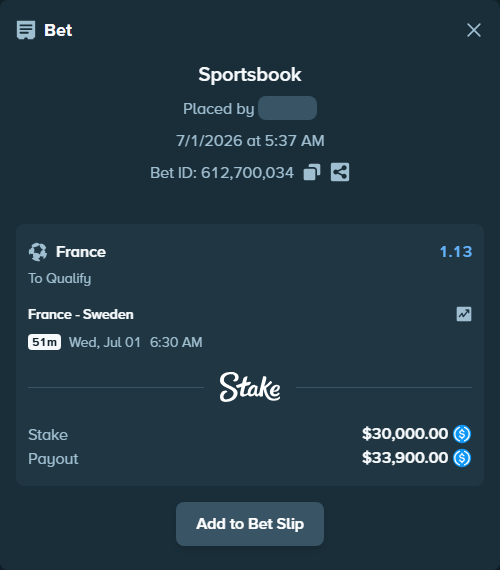 Bet slip: France - Sweden, $30,000.00 stake at 1.13 odds, placed by hagrid17