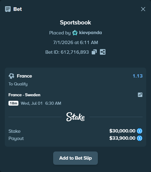 Bet slip: France - Sweden, $30,000.00 stake at 1.13 odds, placed by kievpanda