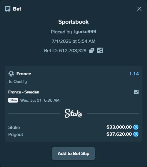 Bet slip: France - Sweden, $33,000.00 stake at 1.14 odds, placed by Igorko999