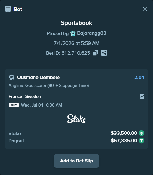 Bet slip: France - Sweden, $33,533.50 stake at 2.01 odds, placed by Bajarangg83
