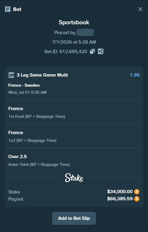 Bet slip: France - Sweden, $36,587.18 stake at 1.29 odds, placed by sanchvies11