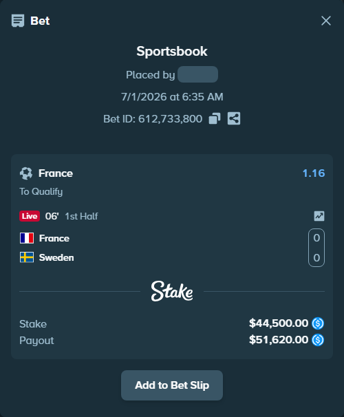 Bet slip: France - Sweden, $44,500.00 stake at 1.16 odds, placed by kievpanda