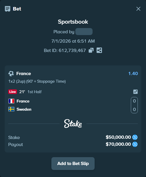 Bet slip: France - Sweden, $50,000.00 stake at 1.40 odds, placed by Hasse5