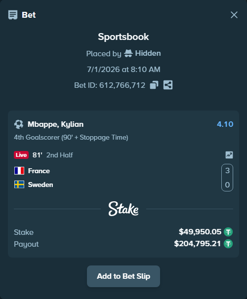 Bet slip: France - Sweden, $50,000.00 stake at 4.10 odds, placed by Hidden