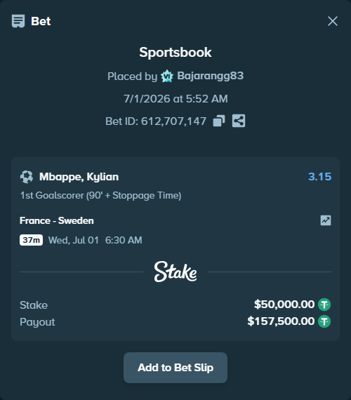Bet slip: France - Sweden, $50,050.00 stake at 3.15 odds, placed by Bajarangg83