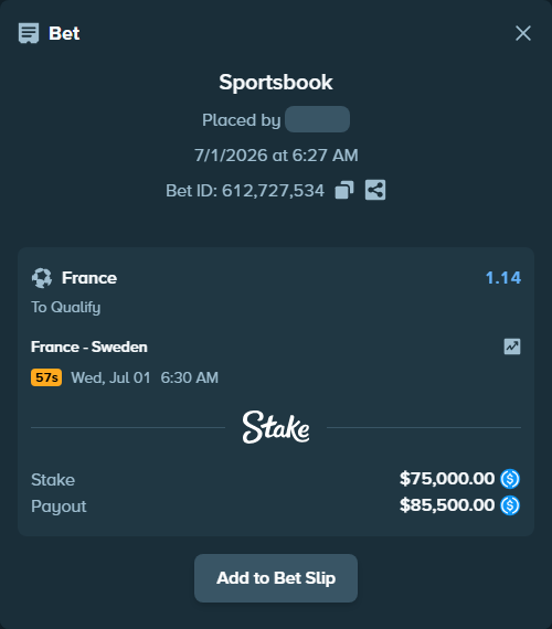 Bet slip: France - Sweden, $75,000.00 stake at 1.14 odds, placed by winstar777