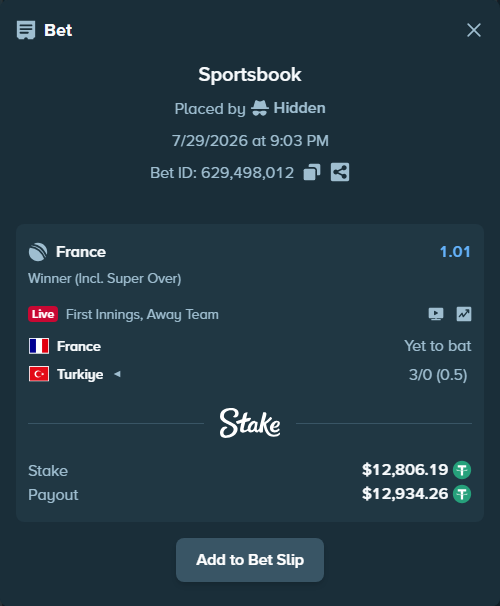 Bet slip: France - Turkiye, $12,819.00 stake at 1.01 odds, placed by Hidden
