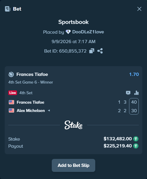 Bet slip: Frances Tiafoe - Alex Michelsen, $132,482.00 stake at 1.70 odds, placed by DooDLeZ1love