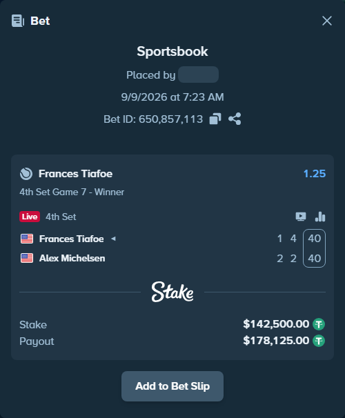 Bet slip: Frances Tiafoe - Alex Michelsen, $142,500.00 stake at 1.25 odds, placed by DooDLeZ1love