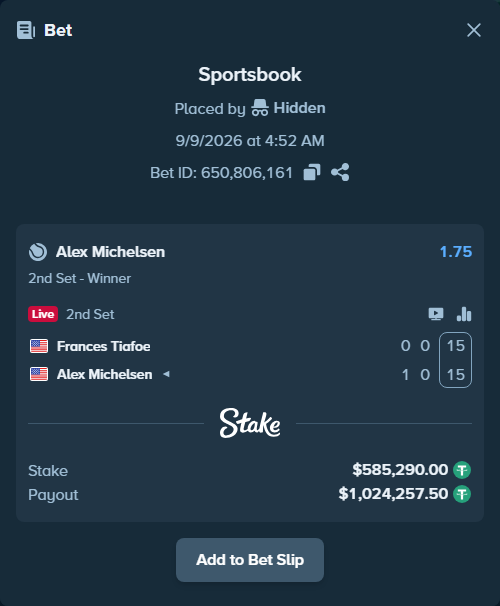 Bet slip: Frances Tiafoe - Alex Michelsen, $585,290.00 stake at 1.75 odds, placed by Hidden