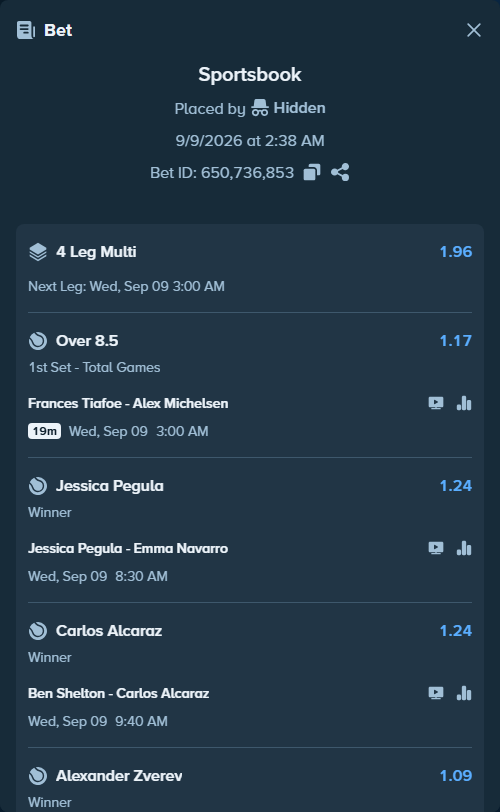 Bet slip: Frances Tiafoe - Alex Michelsen, $75,000.00 stake at 1.17 odds, placed by Hidden