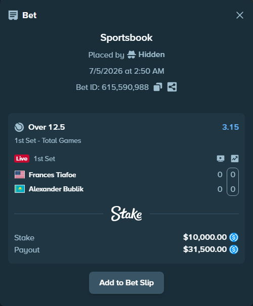 Bet slip: Frances Tiafoe - Alexander Bublik, $10,000.00 stake at 3.15 odds, placed by Hidden