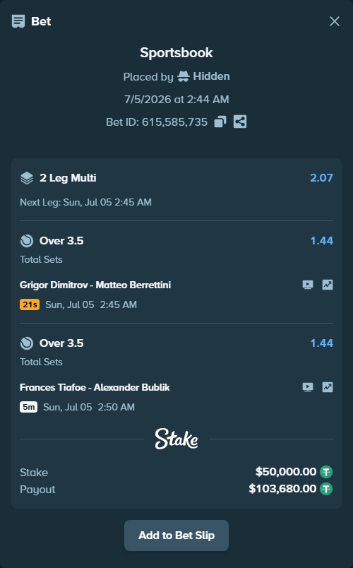 Bet slip: Frances Tiafoe - Alexander Bublik, $50,050.00 stake at 1.44 odds, placed by Hidden