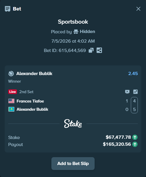 Bet slip: Frances Tiafoe - Alexander Bublik, $67,545.26 stake at 2.45 odds, placed by Hidden