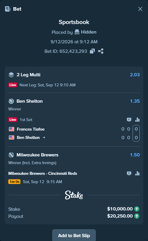 Bet slip: Frances Tiafoe - Ben Shelton, $10,000.00 stake at 1.35 odds, placed by Hidden