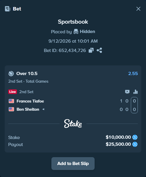 Bet slip: Frances Tiafoe - Ben Shelton, $10,000.00 stake at 2.55 odds, placed by Hidden