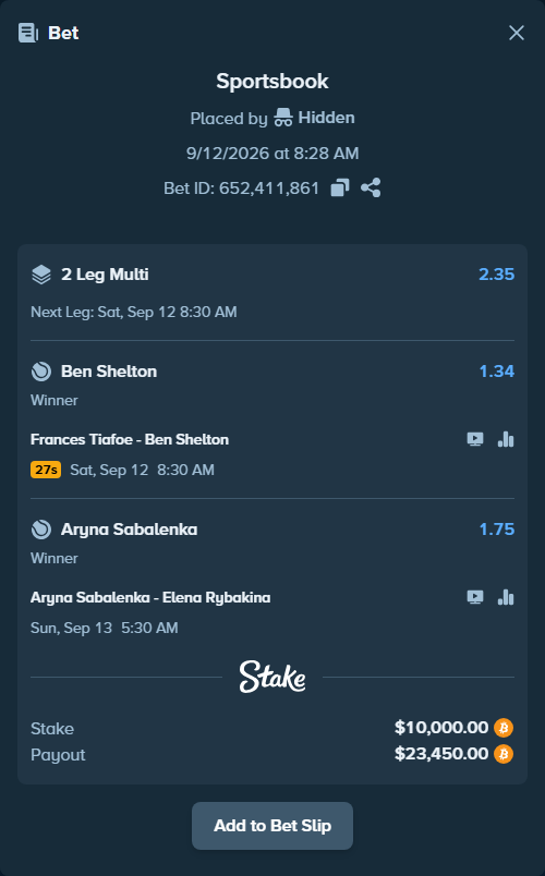 Bet slip: Frances Tiafoe - Ben Shelton, $10,068.72 stake at 1.34 odds, placed by Hidden