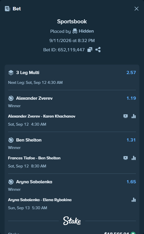 Bet slip: Frances Tiafoe - Ben Shelton, $18,562.33 stake at 1.31 odds, placed by Hidden