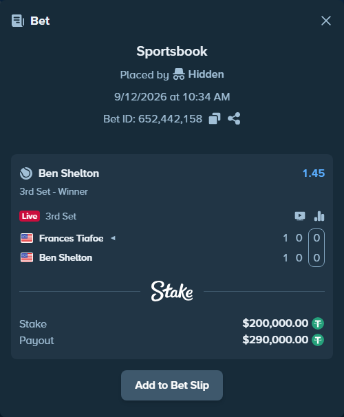 Bet slip: Frances Tiafoe - Ben Shelton, $200,000.00 stake at 1.45 odds, placed by Hidden