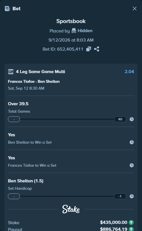 Bet slip: Frances Tiafoe - Ben Shelton, $435,000.00 stake at 1.76 odds, placed by Hidden