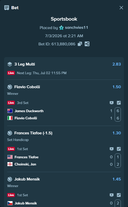 Bet slip: Frances Tiafoe - Choinski, Jan, $46,352.13 stake at 1.30 odds, placed by sanchvies11