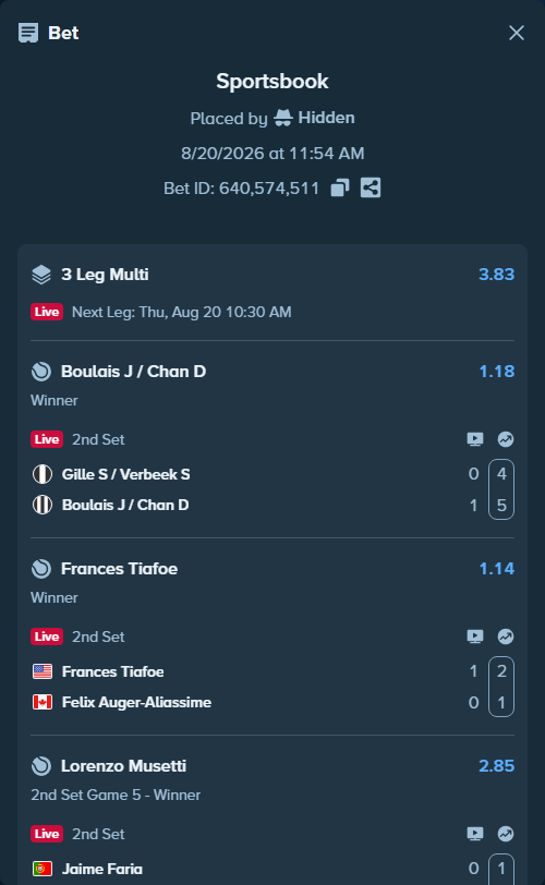 Bet slip: Frances Tiafoe - Felix Auger-Aliassime, $10,000.00 stake at 1.14 odds, placed by Hidden