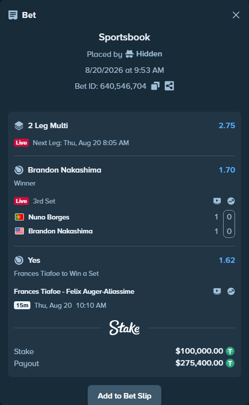Bet slip: Frances Tiafoe - Felix Auger-Aliassime, $100,100.00 stake at 1.62 odds, placed by Hidden