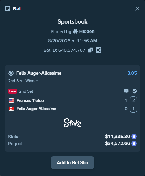 Bet slip: Frances Tiafoe - Felix Auger-Aliassime, $11,207.70 stake at 3.05 odds, placed by Hidden