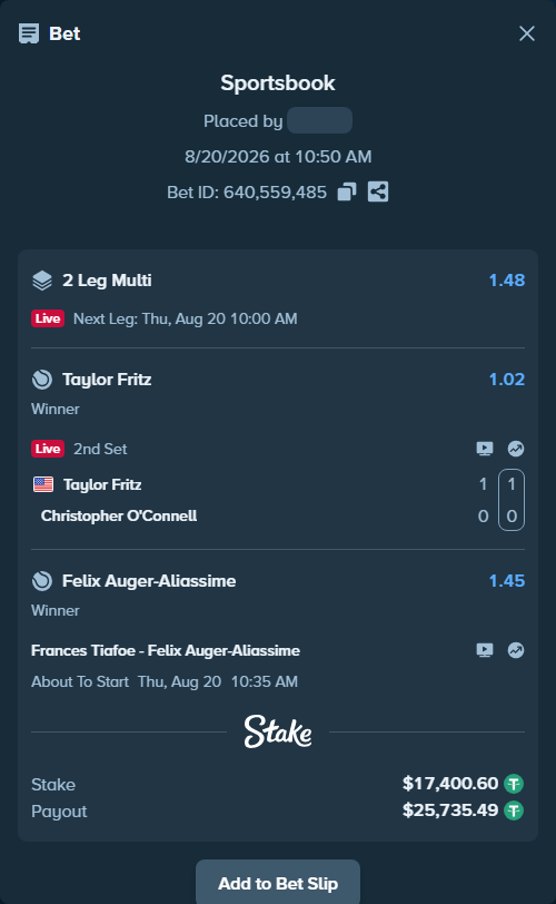Bet slip: Frances Tiafoe - Felix Auger-Aliassime, $17,418.00 stake at 1.45 odds, placed by Mopsik33