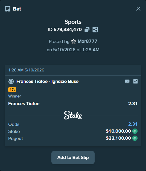 Bet slip: Frances Tiafoe - Ignacio Buse, $10,000.00 stake at 2.31 odds, placed by Mar8777