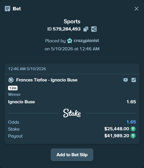 Bet slip: Frances Tiafoe - Ignacio Buse, $25,448.00 stake at 1.65 odds, placed by crazypianist