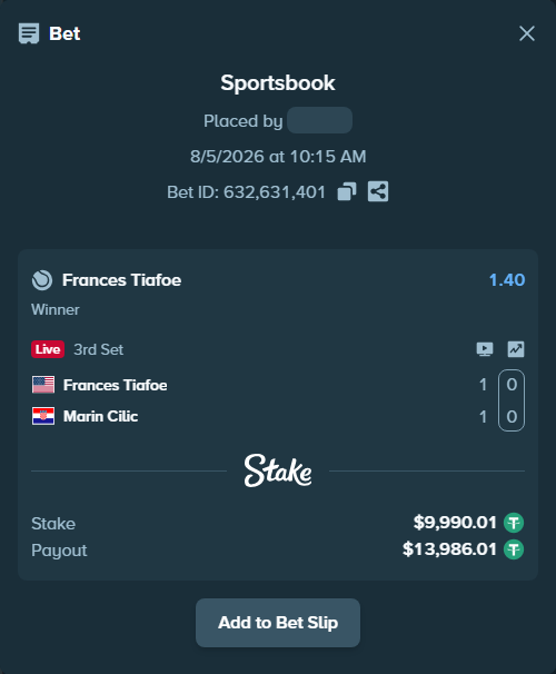 Bet slip: Frances Tiafoe - Marin Cilic, $10,000.00 stake at 1.40 odds, placed by DaljitJ