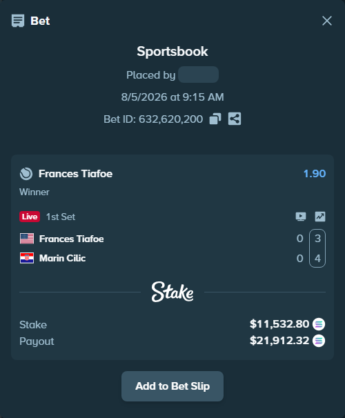 Bet slip: Frances Tiafoe - Marin Cilic, $11,339.34 stake at 1.90 odds, placed by Mashko21