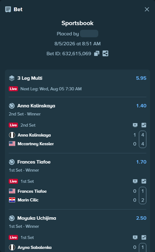 Bet slip: Frances Tiafoe - Marin Cilic, $12,356.00 stake at 1.70 odds, placed by Jude1112