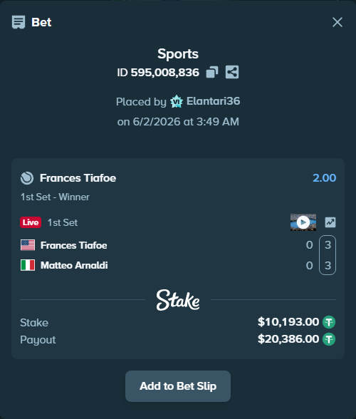 Bet slip: Frances Tiafoe - Matteo Arnaldi, $10,203.19 stake at 2.00 odds, placed by Elantari36