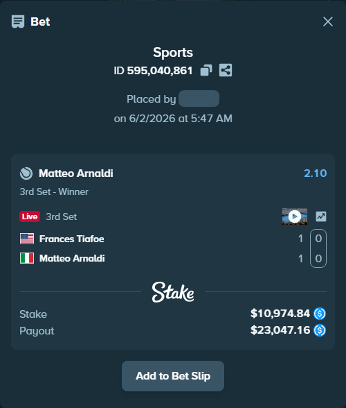 Bet slip: Frances Tiafoe - Matteo Arnaldi, $10,974.84 stake at 2.10 odds, placed by Nick1188