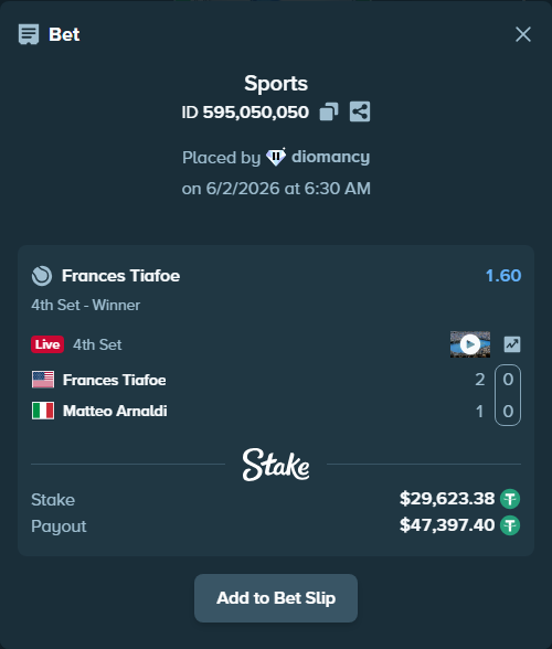 Bet slip: Frances Tiafoe - Matteo Arnaldi, $29,653.00 stake at 1.60 odds, placed by diomancy