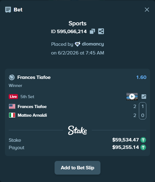 Bet slip: Frances Tiafoe - Matteo Arnaldi, $59,594.00 stake at 1.60 odds, placed by diomancy