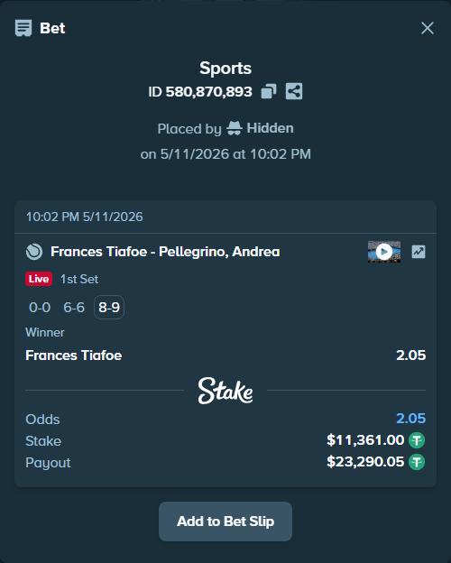 Bet slip: Frances Tiafoe - Pellegrino, Andrea, $11,361.00 stake at 2.05 odds, placed by Hidden
