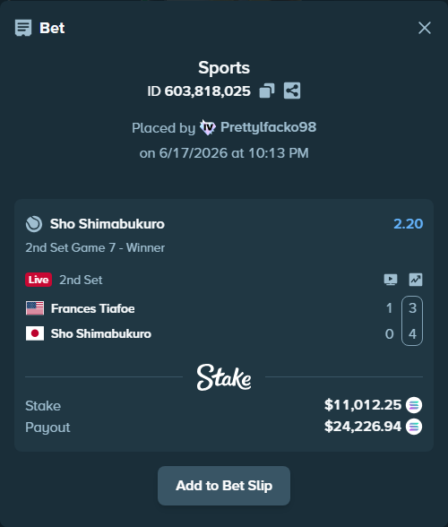 Bet slip: Frances Tiafoe - Sho Shimabukuro, $10,604.58 stake at 2.20 odds, placed by Prettylfacko98