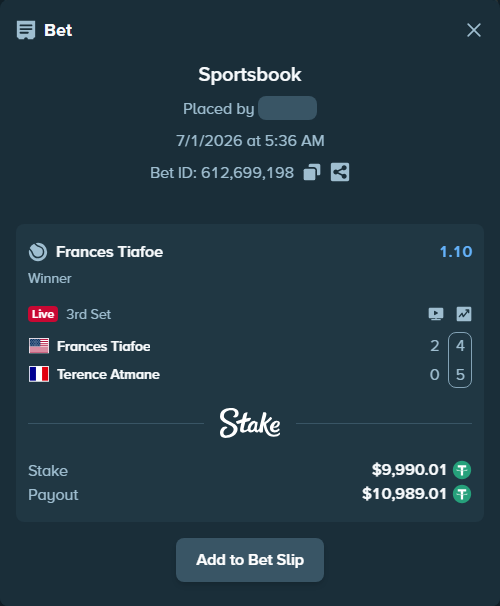 Bet slip: Frances Tiafoe - Terence Atmane, $10,000.00 stake at 1.10 odds, placed by Raja6457