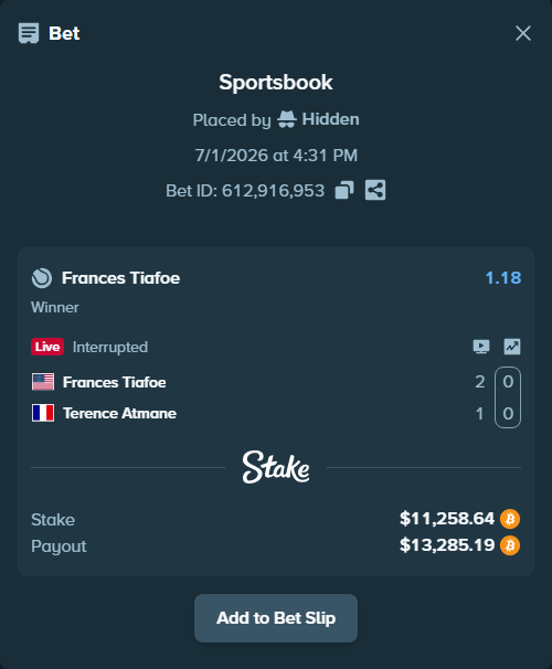 Bet slip: Frances Tiafoe - Terence Atmane, $12,066.21 stake at 1.18 odds, placed by Hidden