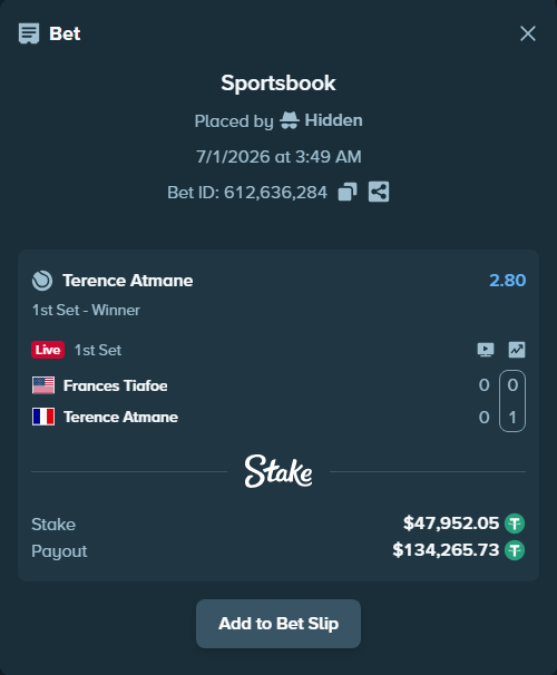 Bet slip: Frances Tiafoe - Terence Atmane, $48,000.00 stake at 2.80 odds, placed by Hidden
