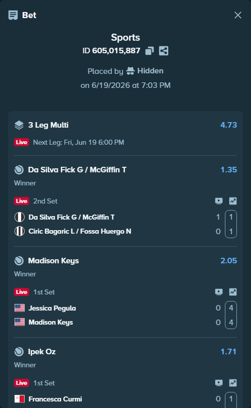 Bet slip: Francesca Curmi - Ipek Oz, $10,000.00 stake at 1.71 odds, placed by Hidden