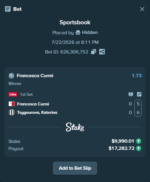 Bet slip: Francesca Curmi - Tsygourova, Katerina, $10,000.00 stake at 1.73 odds, placed by Hidden