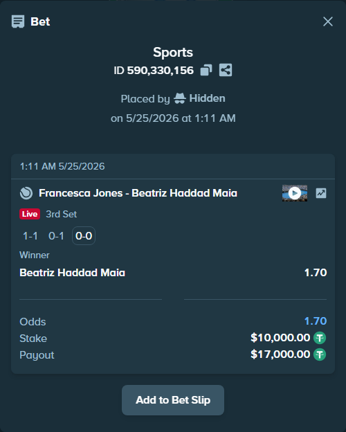 Bet slip: Francesca Jones - Beatriz Haddad Maia, $10,000.00 stake at 1.70 odds, placed by Hidden