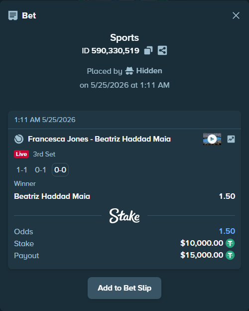 Bet slip: Francesca Jones - Beatriz Haddad Maia, $10,000.00 stake at 1.50 odds, placed by Hidden