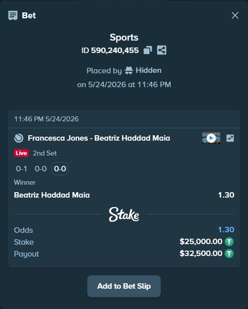 Bet slip: Francesca Jones - Beatriz Haddad Maia, $25,000.00 stake at 1.30 odds, placed by Hidden