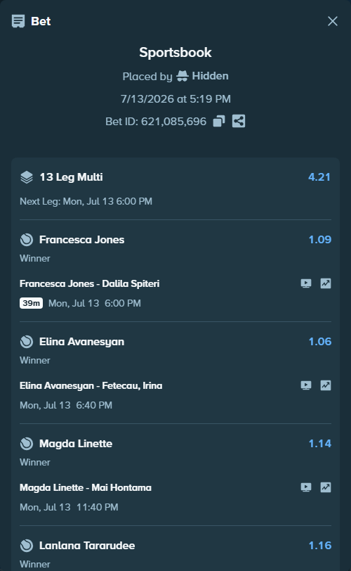 Bet slip: Francesca Jones - Dalila Spiteri, $82,384.94 stake at 1.09 odds, placed by Hidden